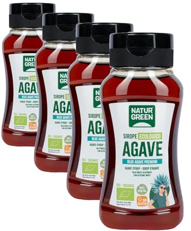 NaturGreen - Sirope de Agave 236 ml/340 g, Endulzante Natural, Bajo Índice Glucémico, Edulcorante Bio, Sin Gluten, Sin Alérgenos, Sustituto del Azúcar, Vegano y Ecológico (Paquete de 4)