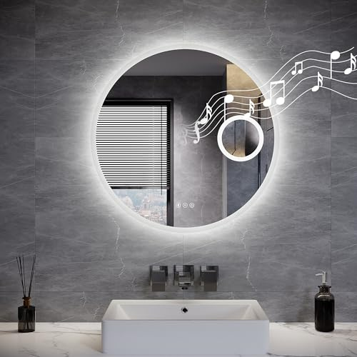 ELEGANT Bluetooth Round Illuminated Bathroom Mirror with LED Lights, 700mm | 3 Colors Dimmable, Anti-Fog, Touch Switch, Memory Function, IP44 Waterproof, Circular Wall Mounted Makeup Bathroom Mirror