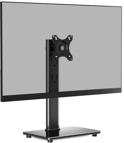 Single Monitor Desk Stand for 14–32 Inch Screens with Adjustable Height, Swivel, Tilt & Rotation – Free-Standing Desktop Riser with Stable Base, VESA Compatible Monitor Holder for Office, Home