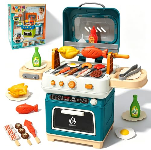 CATCHLUCK Grill-Spielzeugset für Kinder mit Rauchgeräuschen & Licht, Spielzeug-Lebensmittel & Küchenzubehör, interaktives Grill Camping-Koch Grillspielset für Kinder im Alter von 3 bis 8 Jahren (Grün)