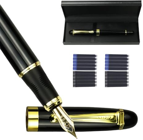 YUN CHUN Marble Fountain Pen for Writing, Refillable Luxury Metal Pens with Ink Pen with 10 Black and 10 Blue Ink Refills, Business Writing Fountain Pen for Men and Women, Marble Black