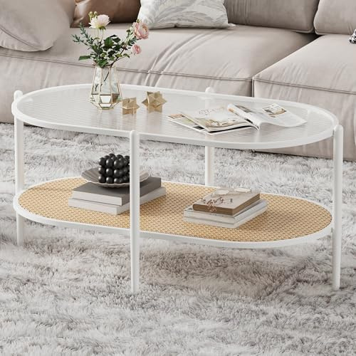 Koioplie Ovaler Couchtisch mit geriffeltem Glas & Rattan, 2 Ebenen, stabiles Weiß Metallgestell, modern Look für Wohnzimmer & Schlafzimmer, platzsparend