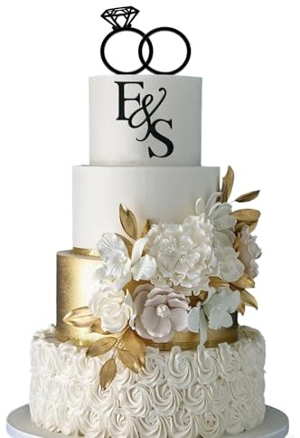 Floruvia Wedding Cake Topper Diamond Ring Cake Topper with 26 Letters Customisable Bride and Groom Initials Sign (Black)