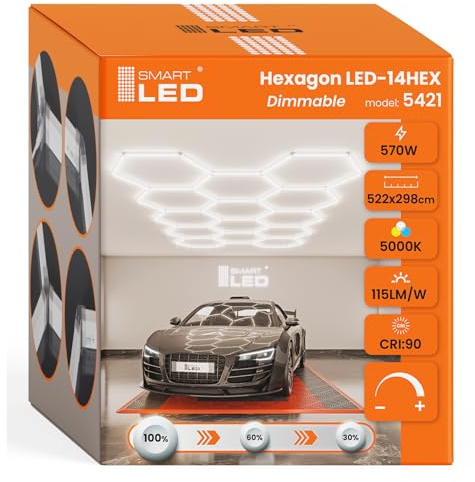 Hexagon LED Deckenlampe 522x298 cm – 57er Set Werkstattbeleuchtung 570W 65550lm – 5000K Tageslichtweiß – IP54 flimmerfrei – LED Garagenbeleuchtung für Auto, Tattoo, Detailing, DIMMBAR (522 x 298 CM)