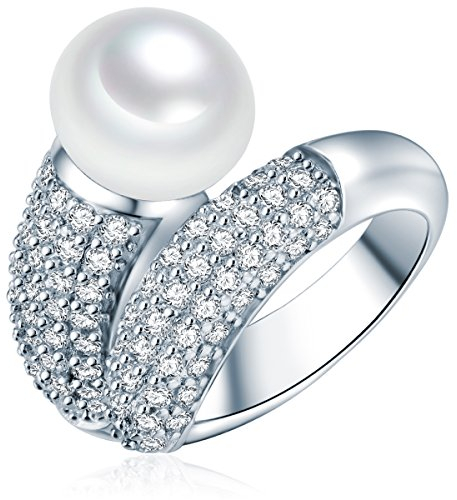 Valero Pearls Damen-Ring Hochwertige Süßwasser-Zuchtperlen 10 mm Button weiß 925 Sterling Silber Zirkonia - Perlenring mit echten Perle