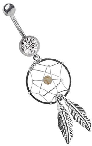 Bauchnabel Piercing Schmuck 316l Stahl Banane 1,6 x 12 mm mit Zirkonia und Traumfänger in Klar