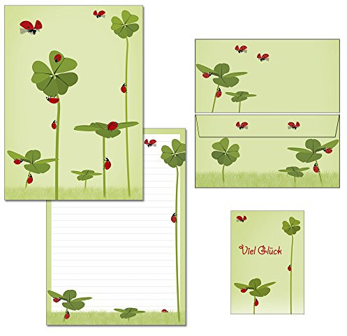 Briefblock - Mappe - Klee mit Marienkäfern - 1 Schreibblock DIN A4 liniert + 15 Briefumschläge DIN lang 7200+657-15M