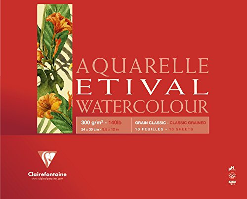 Clairefontaine 96396C Aquarellblock Etival (matt, 300g, für alle Nasstechniken geeignet, 4-seitig verleimt, 10 Blatt, 24 x 30 cm, ideal für Anfänger, säurefrei) weiß