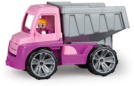 Lena 04451 TRUXX Kipper Pink, Fahrzeug ca. 27 cm, Muldenkipper LKW mit vollbeweglicher Spielfigur, robuster Kipplaster, Mulde kippbar, Spielfahrzeug für Mädchen ab 2 Jahre in rosa, lila