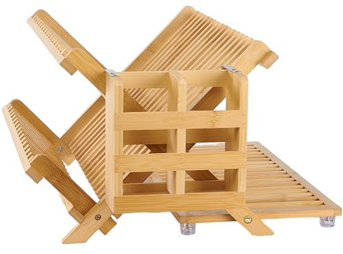 NOVAYEAH Égouttoir à Vaisselle en Bambou avec Porte-ustensiles, égouttoir à Vaisselle Pliable en Bois, Grand Support de séchage Pliable à 3 Niveaux pour comptoir de Cuisine