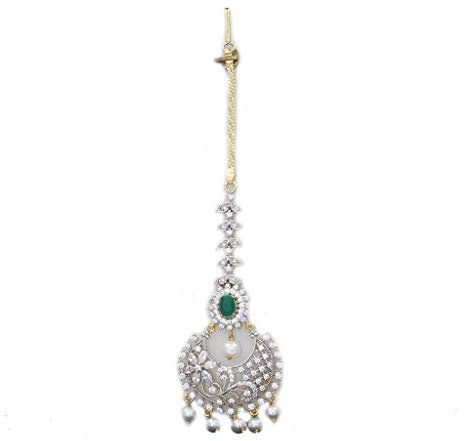 55Carat Maang Tikka Traditioneller indischer Designer und indisch-westlicher kubischer Zirkon Messing vergoldet und versilbert Maang Tikka Stirn Bollywood-Stil handgefertigter Schmuck für Mädchen und