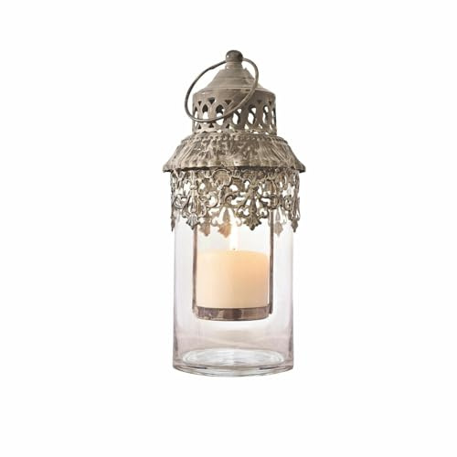 Loberon Laterne Lumio, ziselierter Deckel im Antik-Finish, orientalischen Stil, für Teelichter oder Stumpenkerzen, Wohn-Accessoire, Stahl, Glas, antikgrau/klar