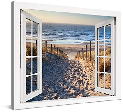 PICANOVA – Bild auf Leinwand Weg zum Meer Fenster 100x75cm – Leinwandbild – Premium Leinwanddruck – Wandbild Kunstdruck Auf 2cm Holz-Keilrahmen Wohnzimmer Wanddekoration – Strand