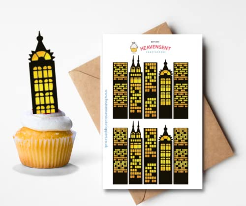 10x Pre-cut Sky Scrapers Superhero Building Small Edible Thick Standing Cupcake Toppers Birthday Party Cake Decorations