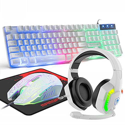 MANBASNAKE Wired Gaming Keyboard and Mouse Headset Combo 4 in 1 Gaming Set 104 Keys Keyboard,Optical Rainbow LED Gaming Mice,RGB Backlit Headphone,Mouse Pad,for PC,Laptop,Mac,PS4,Xbox(White)