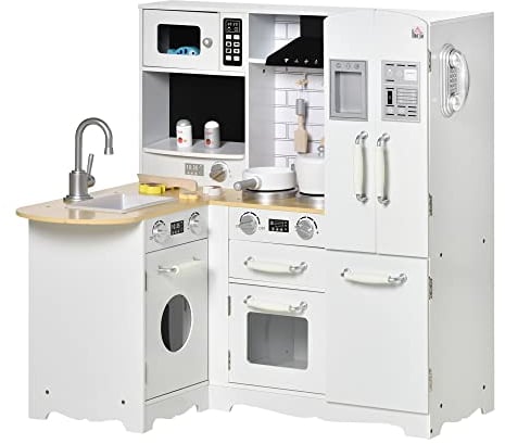 HOMCOM Cocina de Juguete de Madera Infantil de +3 Años Sonidos 14 Accesorios Teléfono Fregadero Extraíble Microondas Grifo 82x65x87 cm Blanco