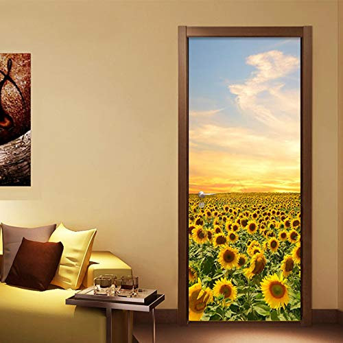 FHKGIUJAD 3D Porte Papier Peint Muraux Coucher De Soleil Tournesols Paysage Poster Porte Pvc Sticker Porte Autocollant Trompe L'Œil Papier Peint Pour Porte Cuisine Chambre Porte Décoration 95X215Cm
