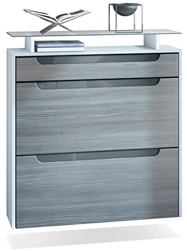 Vladon Schuhschrank Annie, Schuhkipper für 16 Paar Schuhe mit 2 Klappen, 1 Schublade und Glasablage, Weiß matt/Avola Anthrazit, Griffmulden in Grau Hochglanz (89 x 96 x 23 cm)