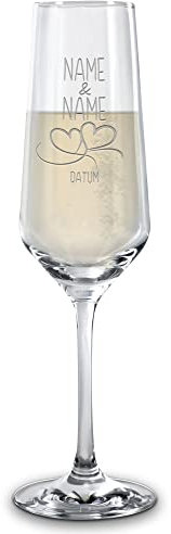 PR Print Royal Sekt-Glas mit Gravur - Herzen - mit Namen & Datum selbst gestalten - Sektkelch graviert für Paare, Geschenk Valentinstag, Hochzeit, Weihnachten
