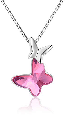 Collier Papillon Femme Argent Sterling 925 Pendentif Papillon avec Cristaux, Bijoux Papillon Cadeau Anniversaire Femme Filles (Rose)