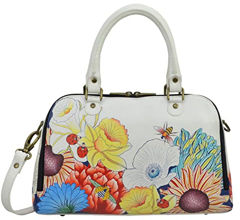 Anna by Anuschka Damen Women's Hand-Painted Leather Wide Organizer Satchel Umhängetasche, aus echtem Leder, handbemalt, mit blauem Elefant