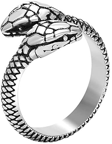 JewelryWe Schmuck Retro Schlange Ring Herren-Ring Vintage Punk Gegenüber Schlangen Kopf Edelstahl Öffnung Band Bandring mit Gravur, Silber Größe 65
