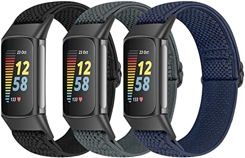 Bcuckood 3 Stück Elastisches Armband Kompatibel mit Fitbit Charge 6/Charge 5 für Damen Herren, verstellbares Nylon Sportschlaufe atmungsaktives Ersatzarmband für Fitbit Charge 6/Fitbit Charge 5