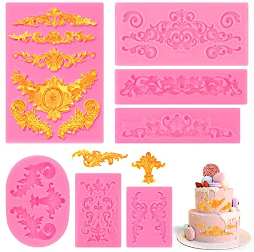 7pcs Molde de Silicona para Fondant - Diversos tamaños y relieve retro, ideal para decorar tortas con flores y bordes en relieve, Molde de Silicona 3D Florian