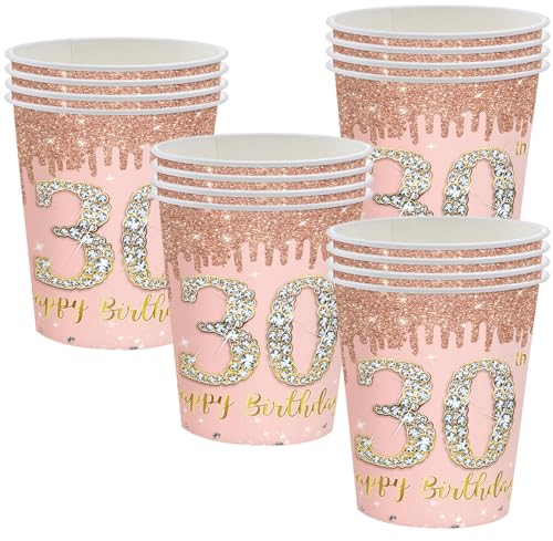 16Pcs Rose Gold Paper Cups - 30th Birthday Party Tableware Decorations for Her