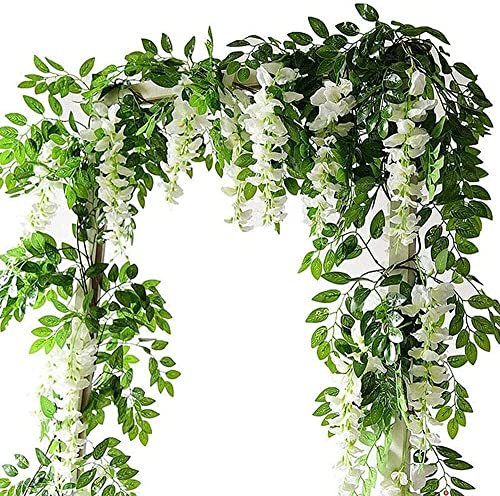 Hiveta Artificial Flowers Outdoor, 4PCS 2m/7ft Wisteria Artificial plants Vine Hanging Trailing Plants String Flower Garlands for Garden Indoor Home Living Room Wedding Decorations