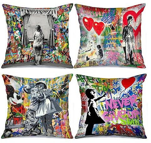 Tucocoo Banksy Deko-Kissenbezüge, dekorativ, 45 x 45 cm, bunt, Graffiti-Kissenbezüge, Moderne quadratische Kissenbezüge, Street Pop Art, Wurfkissenbezug für Couch, Sofa, Bett, Auto, Wohnzimmer