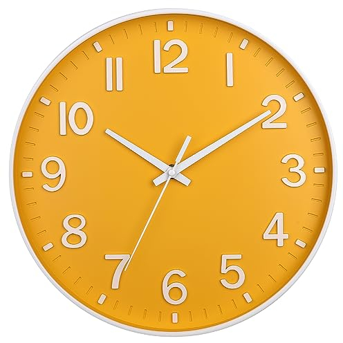 HZDHCLH 30cm Lautlos Wanduhr Schleichende Sekunde mit Arabisch Ziffer ohne Ticken für Dekoration Wohnzimmer, Küche, Büro, Schlafzimmer (Gelb)