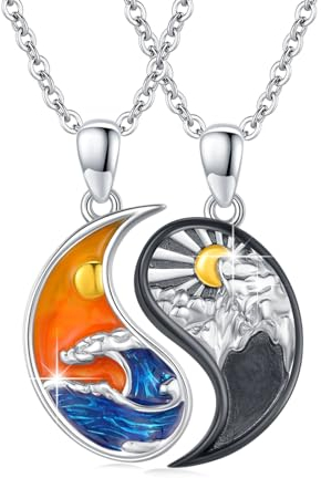 JFASHOP Yin Yang Halskette 925 Sterling Silber Taichi Paar BFF Kette Berg Sonne Anhänger Halskette 2 Stück Yin Yang Kette Schmuck Geschenke für Damen Herren Couple