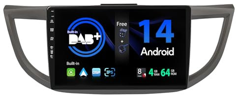 SXAUTO『Built-in Dab』Android 14 IPS Autoradio para Honda CRV (2012-2016) - Inalámbrica CarPlay/Android Auto - LED Cámara + Mic - 4G+64G - 360-CAM Volante Fast-Boot DSP WiFi AHD - 10.1 Pulgada 2 DIN