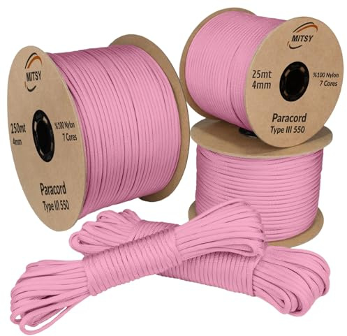 MITSY Paracord 550 Typ III Nylon Schnur 4 mm 25 Meter Hellrosa | Fallschirmschnur, 7 Kern Seil, Reißfest & Wetterfest, Allzweckseil für Camping, Outdoor & Survival, 10m, 25m, 50m, 100m, 250m