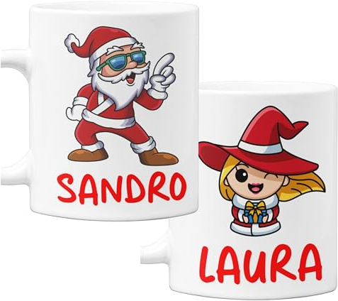 bubbleshirt Coppia Tazze Natale natalizie PERSONALIZZABILI CON NOME Babbo Natale Idea Regalo Mug in ceramica 11 Oz