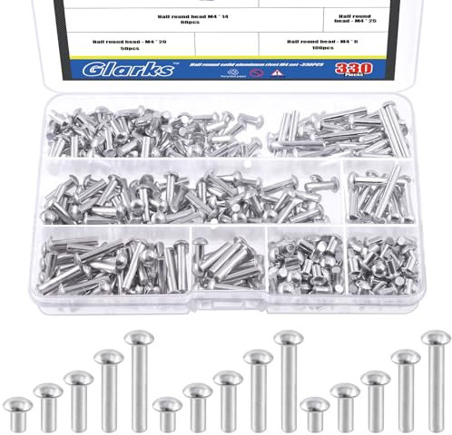 Glarks 330Pcs M4x6/10/14/20/25 Rivetti in Alluminio Testa Solida Lunghezza 6mm 10mm 14mm 20mm 25mm Rivetti in Alluminio Alta Resistenza alla corrosione per Giunzione e Riparazione Metalli
