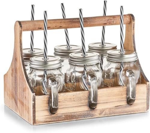 Avilia Set Plateau en Bois avec 6 Bouteilles en Verre pour Pique-Nique et piscines 29 x 22,5 x 22,1 cm, Marron