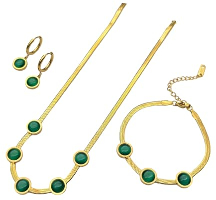 KBRPEY Runde Edelstein Schmuckset Halskette Armband Ohrringe Schlangenkette Goldfarben Damen Schmuck Elegant Klassisch
