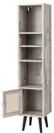 SFAREST 137CM Tall Narrow Bookcase, Wooden Freestanding Bookshelf with 12-Position Adjustable Shelf & Cabinet, Slim Corner Display Storage Shelving Units for Living Room Bedroom Office (Grey)