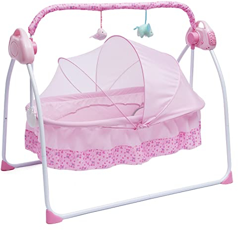 Xigner Elektrische Babywippe Babyschaukel- Schaukel Baby Indoor,5 verstellbare-Musikwiedergabe mit Fernbedienungen and Moskitonetz Bettgröße 90x52x30cm Stabil und geräuschlos (Rosa)