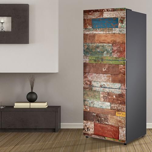 Fridge Wraps Kitchen Fridge Stickers Cover Full Doors, Fridge Sticker Full Covering Door Fridge Covers Skins Wall Stickers for Kitchen Decal, Retro Color Wooden Board Effect