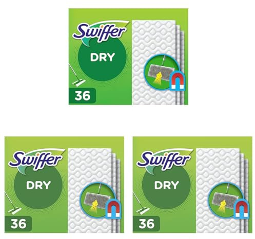 Swiffer Balai Attrape-Poussière Recharges Lingettes Sèches 36 Unités, Attrape Et Retient 3 Fois Plus De Poussière, Saleté Et Poils Qu’Un Balai Classique (Lot de 3)