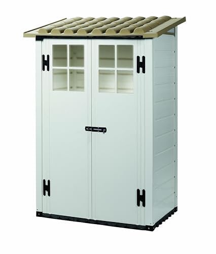 Casetta da Giardino Tuscany Evo 100 Porta Attrezzi in PVC con Pavimento, 1,32m² Capanno da Giardino con 2 Porte e Serratura, Capannone per Patio, Cortile, Esterno - H. 201 x L. 139 x P. 95 cm