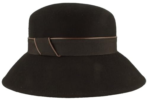Breiter Damen Wollfilz-Glocke Hut Filzhut 100% Wolle Wollhut Band mit Kunstleder-Paspel - One Size Schwarz
