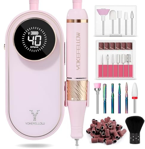 YOKE FELLOW Ponceuse pour Ongles Professionnelle - 40000 RPM Lime a Ongle Electrique avec Affichage LCD et 17 Embouts, Lime à Ongles Electrique Rechargeable Ponçage pour Pédicure Manucure