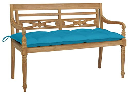 CIADAZ Batavia-Gartenbank mit Hellblauem Kissen, Sitzbank Outdoor, Parkbank, Balkon Bank Kleiner Balkon, Garten Bänke, Park Benches, 120 cm Teak Massivholz