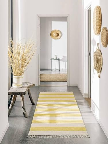 RugVista Cotton Stripe Teppich - Gelb Teppich 80x300 Orientteppich, Läufer