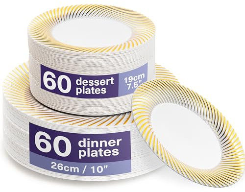MATANA 120 Weiße Plastikteller mit Goldrand für Hochzeiten, Geburtstage, Taufen, Weihnachten & Partys - 2 Größen (60 x 18cm, 60 x 26cm) - Mehrweg & Stabil