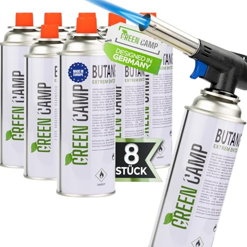 GREEN CAMP ® Gasbrenner mit Kartusche 227g – Schweißbrenner max. 1300°C Temperatur – Lötlampe mit Piezozündung – Bunsenbrenner Küche -Küchenbrenner (8x Gaskartuschen)